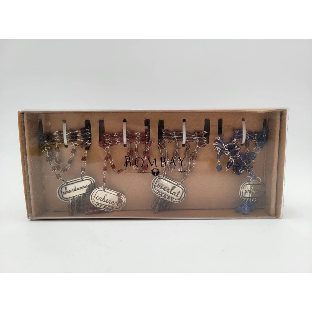 2002 Bombay Co Set of 4 Beaded Wine Bottle Necklace Tags 2217118 Vintage Box‎