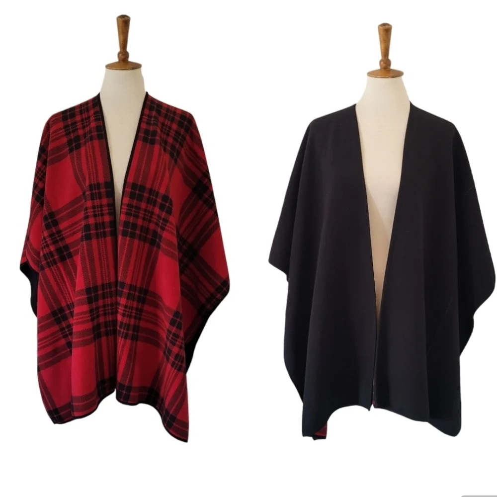 Woolrich Red‎ Black Tartan Blanket Shawl Reversible Cape