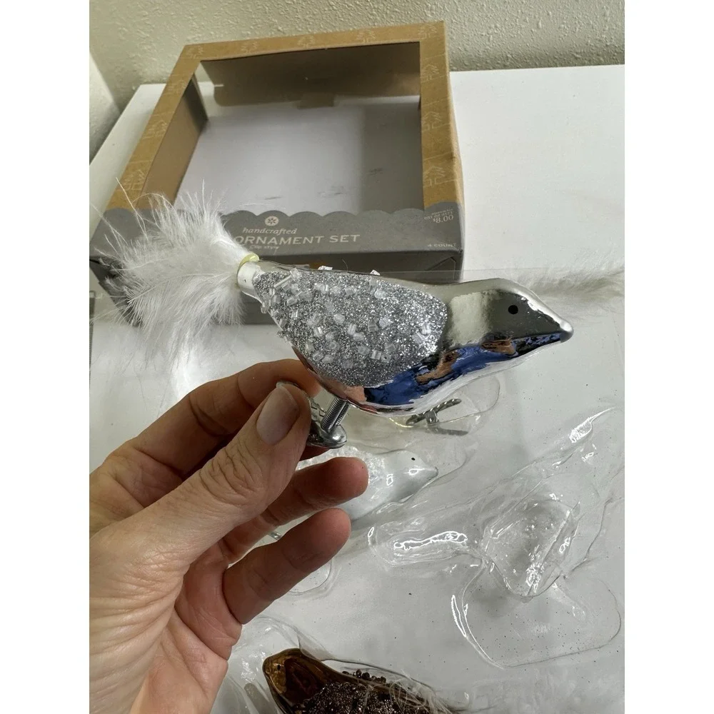 Bird Glass Christmas Ornament Set 4 Clips Feathers Target Handmade