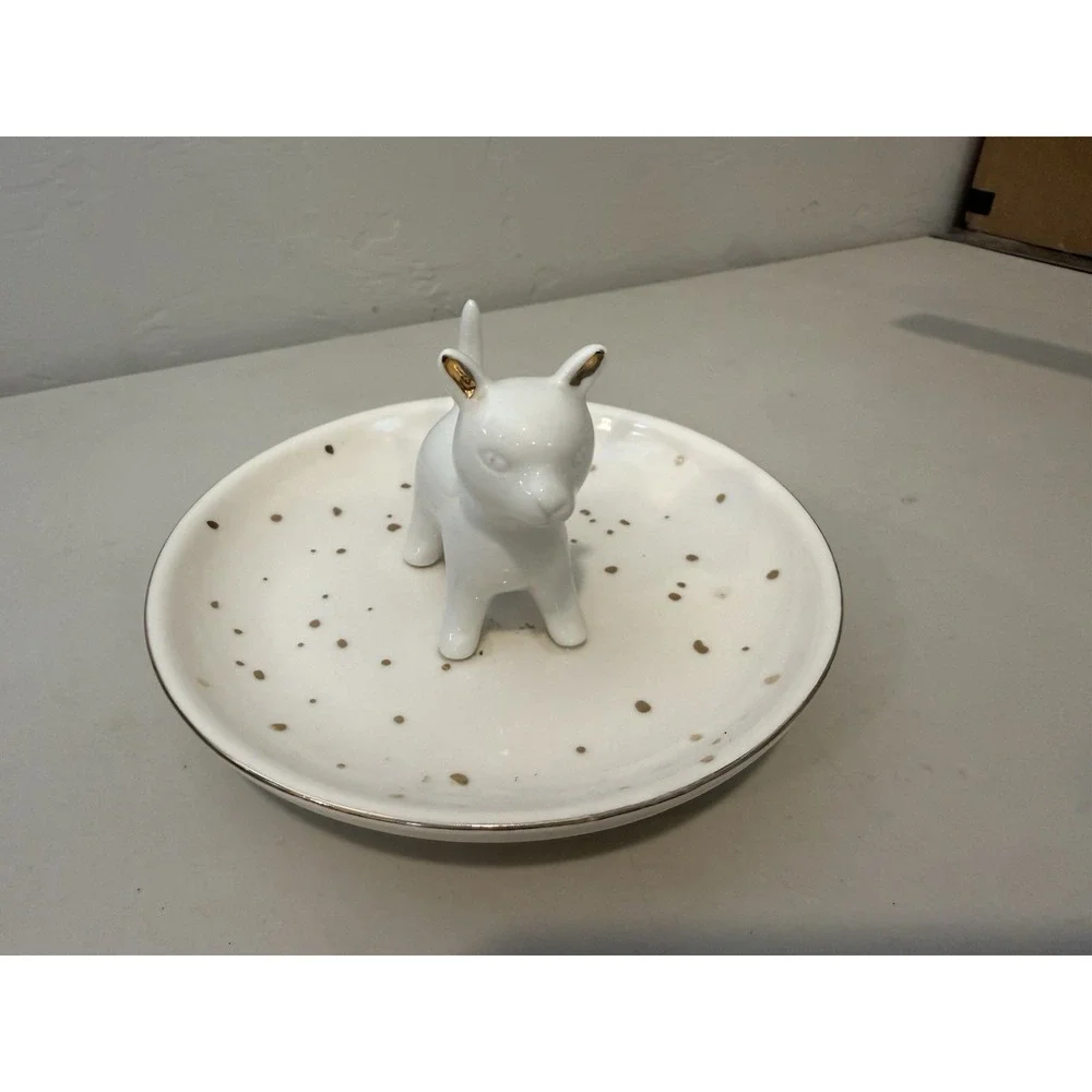 Cat Dish Ring Holder White With Gold Trim and Polka Dots