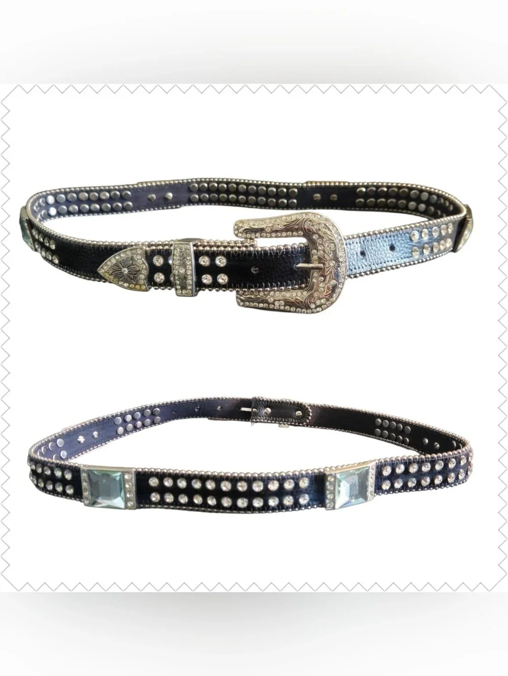 Women's Moto Studded Black& Silver Rhinestone Embellished Faux Leather Belt S/M