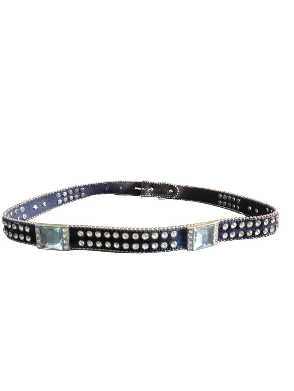 Women's Moto Studded Black& Silver Rhinestone Embellished Faux Leather Belt S/M