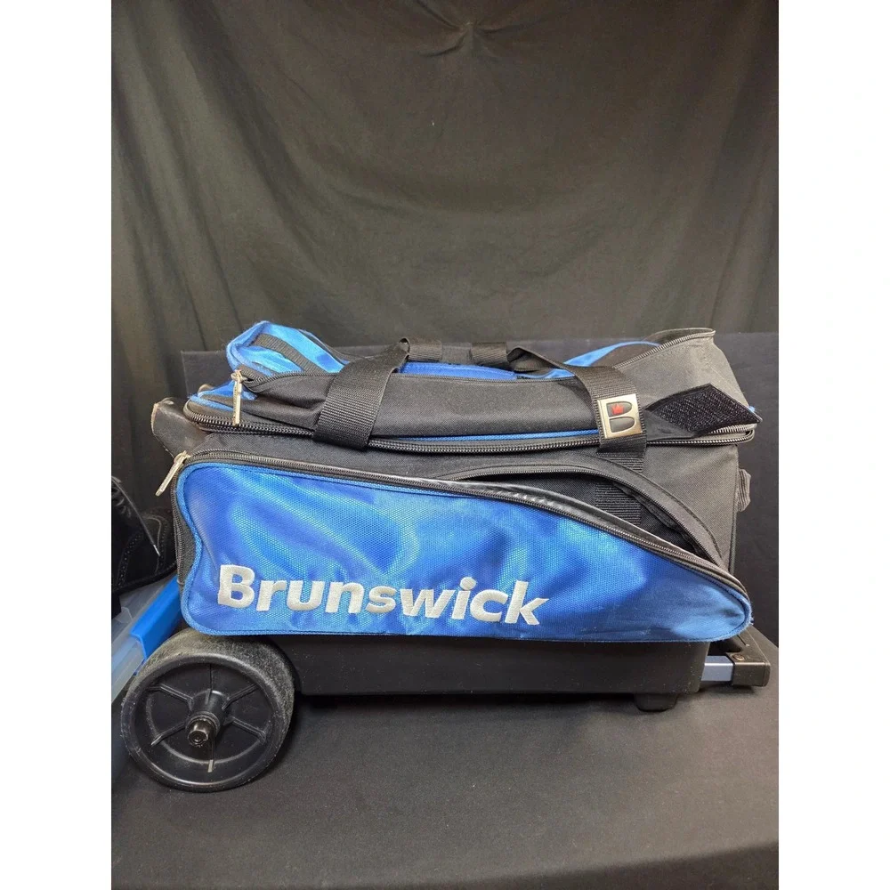 Brunswick Double Ball Bowling Bag Rolling 2 Ball Roller Blue Black Wheels