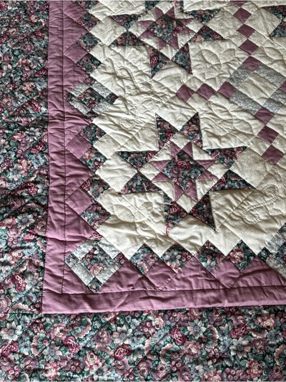 Large Handmade Star Quilt 105 x 90 Oversized Queen King Size Quilted Bedspread