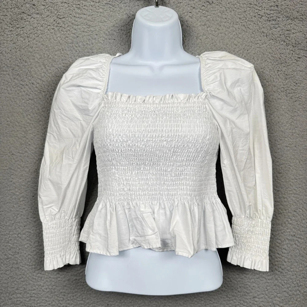 Zara Top Womens S White‎ Smocked Romantic Feminine Milkmaid Preppy Clean Girl