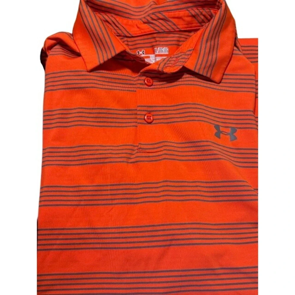 Under Armour‎ Mens XL HeatGear Polo Shirt Lot 2 Black Orange Striped Loose Fit