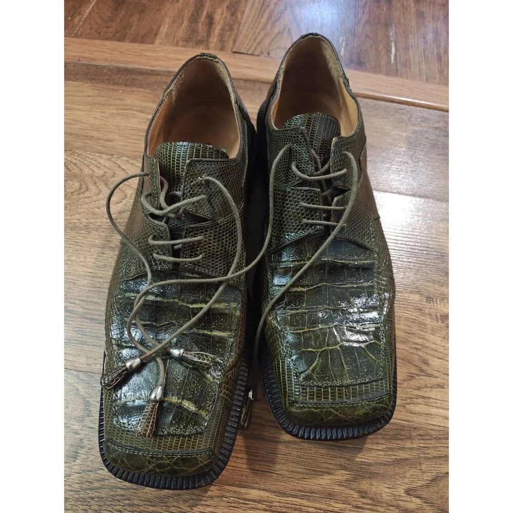 David Eden Dress Shoes Mens Size 9 Green Crocodile Alligator Oxford Square Toe