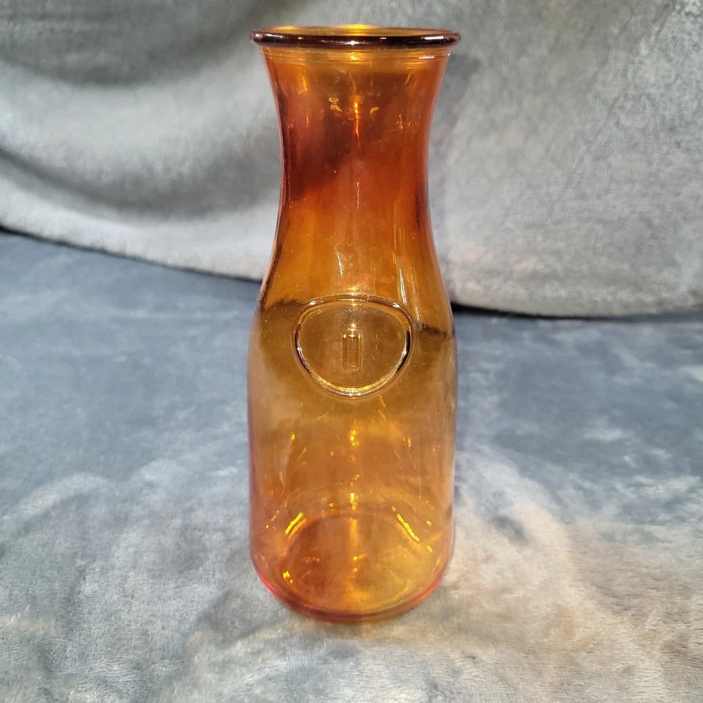 Vintage Amber Glass Carafe Bud Vase Embossed Seal Honey Gold Retro Decanter 8
