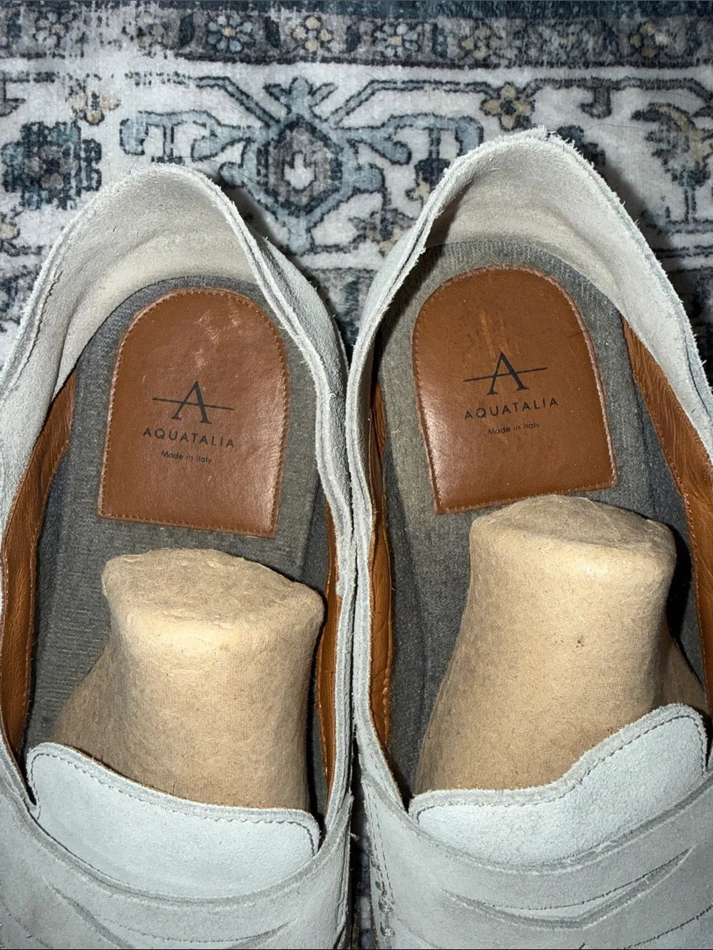 Aquatalia Nikita Italy Penny Loafer Weatherproof Soft Suede Grey Stitch Details