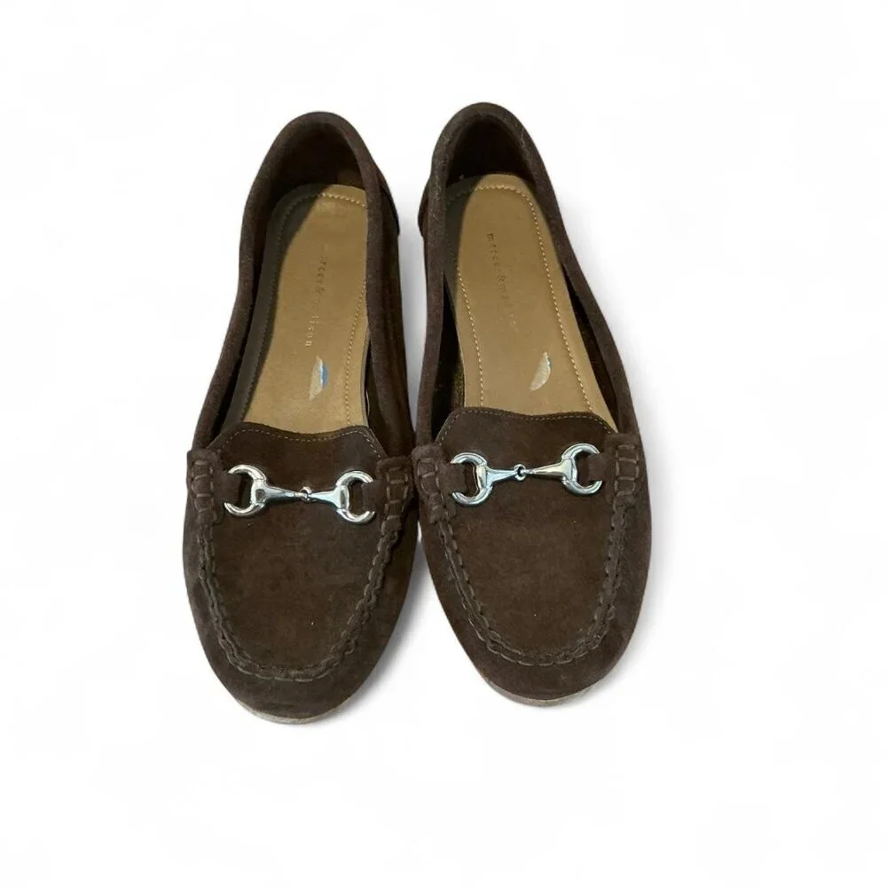 Women’s Brown leather loafers moccasin with silver buckle detail‎ size 7.5