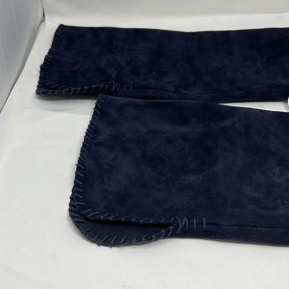 Michele Negri Sz 8.5 Blue Suede Low Wedge Whipstitch Trim Knee Boots