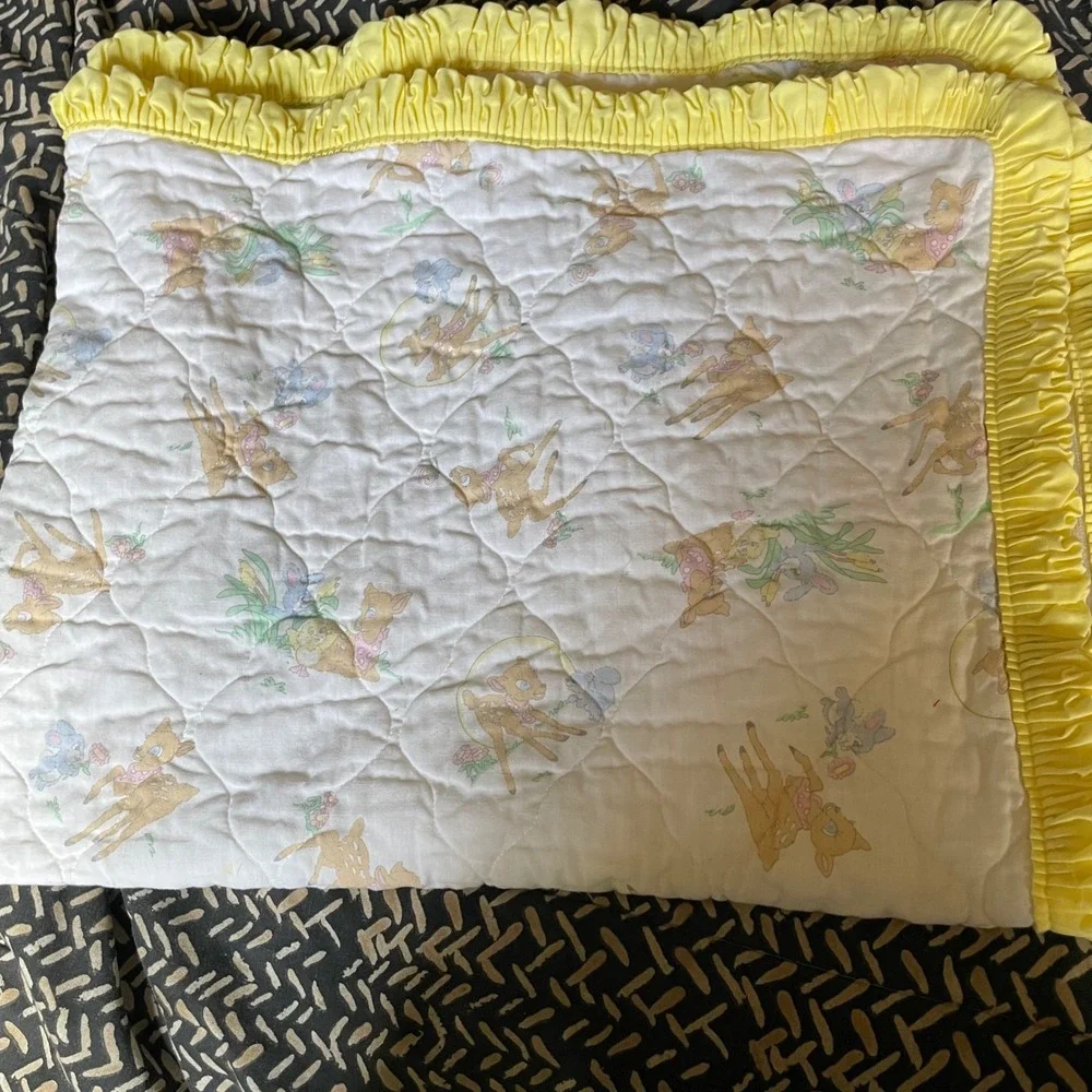 Vintage Bambi Baby Quilt Blanket Yellow‎ Ruffle Trim Nursery Decor 42 x 66