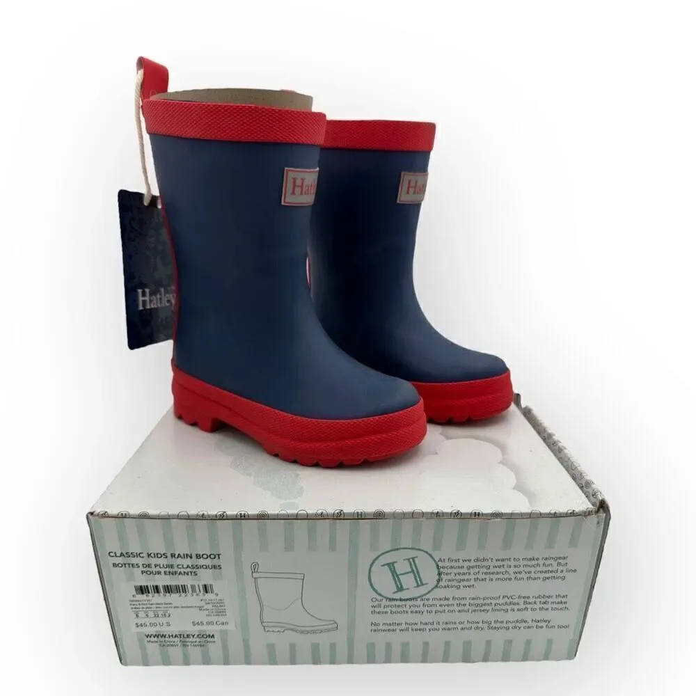 NWT Hatley Kids Classic Matte Rain Boots Navy Blue Red Size 6