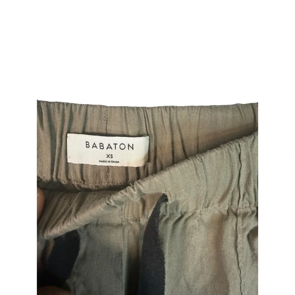 Aritzia Babaton Linen Blend Tapered Drawstring Pants XS Olive Green Seam Front
