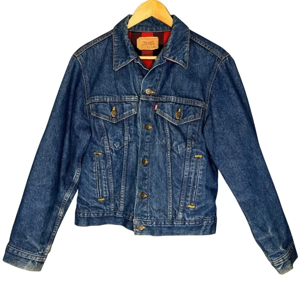 Vintage Levi's Buffalo Plaid Flannel-lined‎ Denim Trucker Jacket 80s Men's S / M