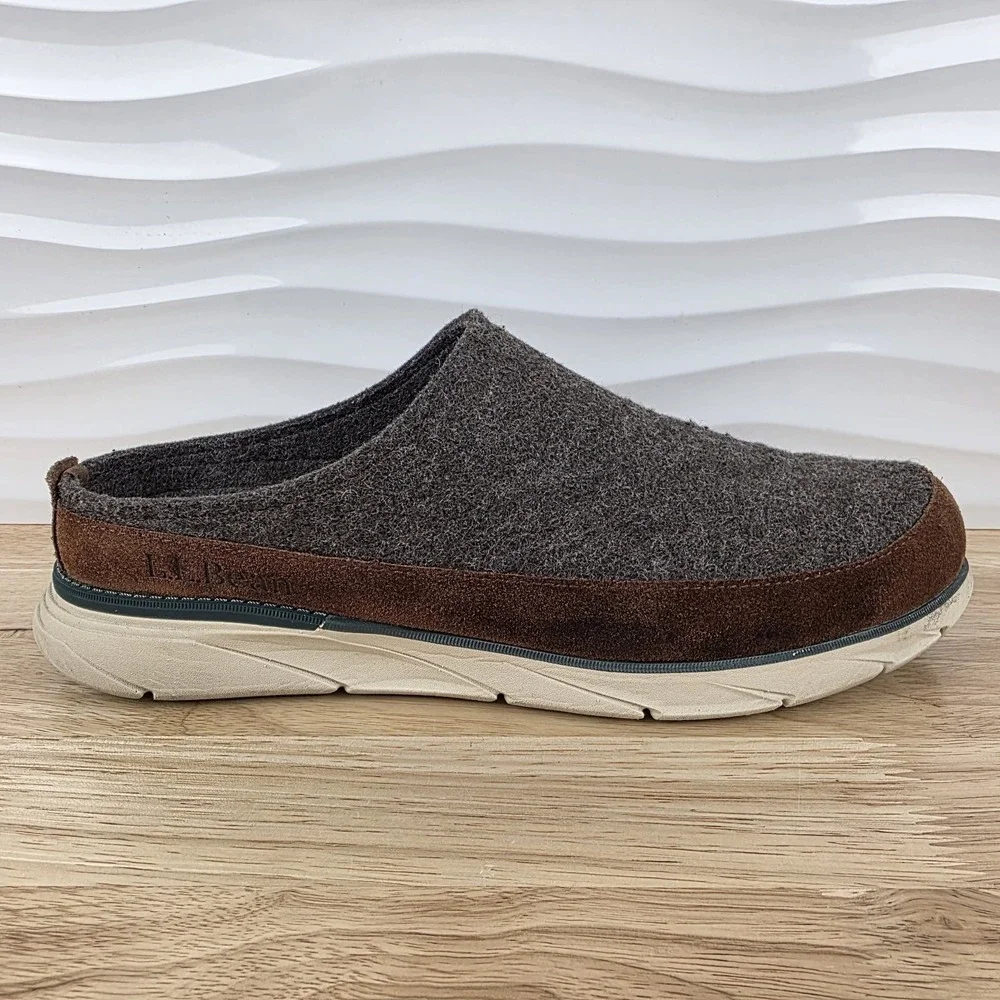 LL Bean Downeast Slip On Clogs Gray Wool Brown Suede Shoes Mens Size 11