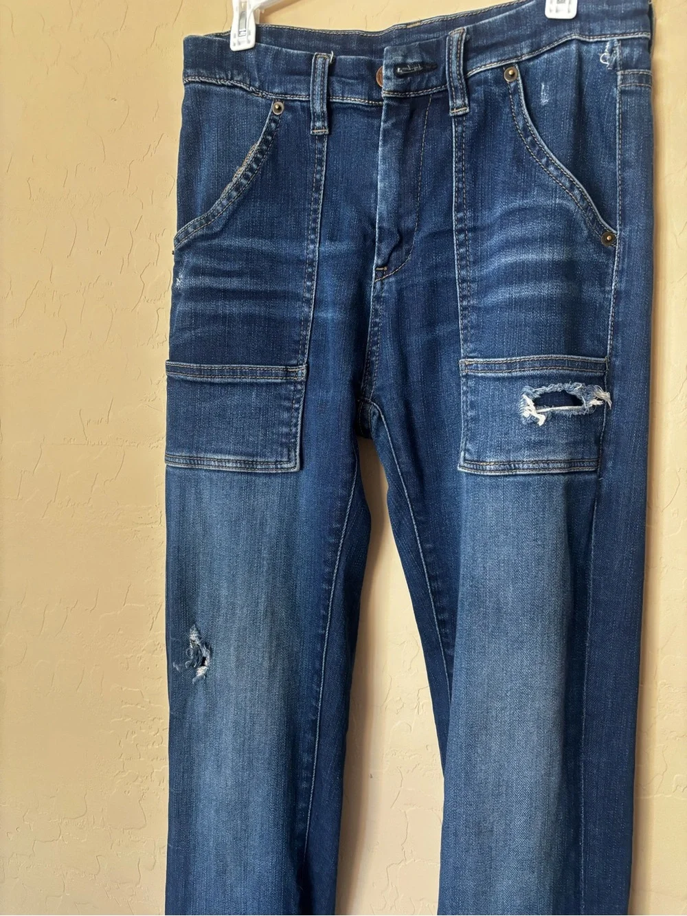 BLANKNYC Distressed Utility Flare Jeans - Medium/Dark Wash Carpenter Denim