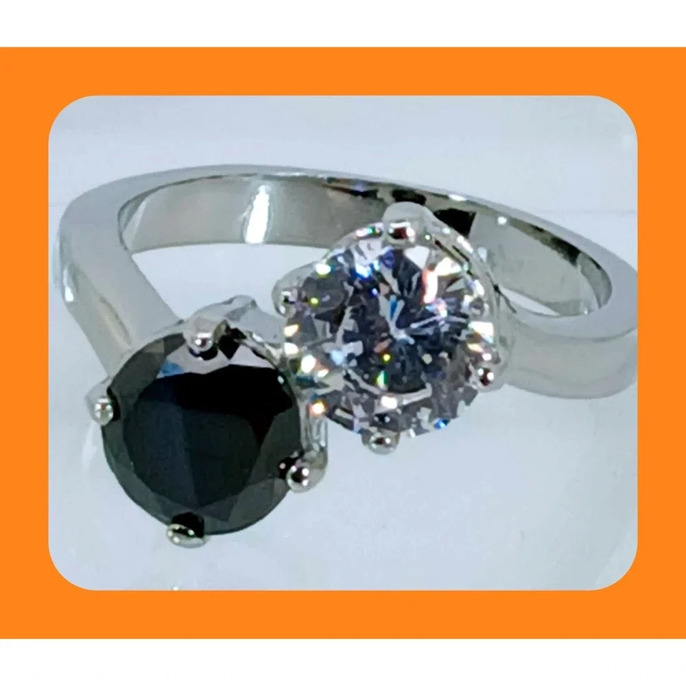 Vintage 90s Bypass Ring Black Clear CZ 2ctw Silver Tone Toi et Moi Ring Size 9