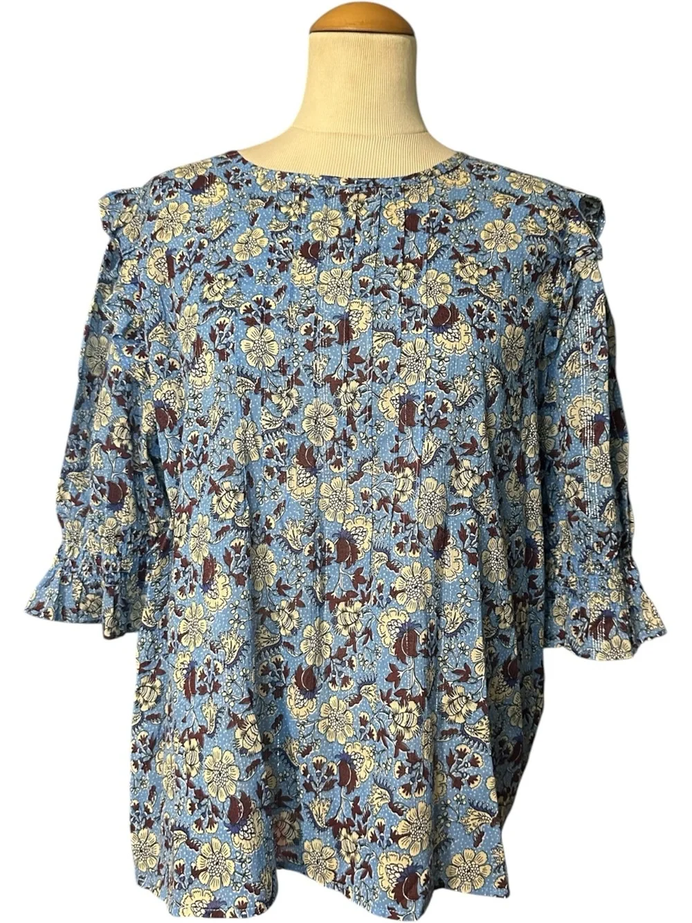 Loft Shimmer Floral Pintuck Puff Sleeve Blouse NWT Blue Size L