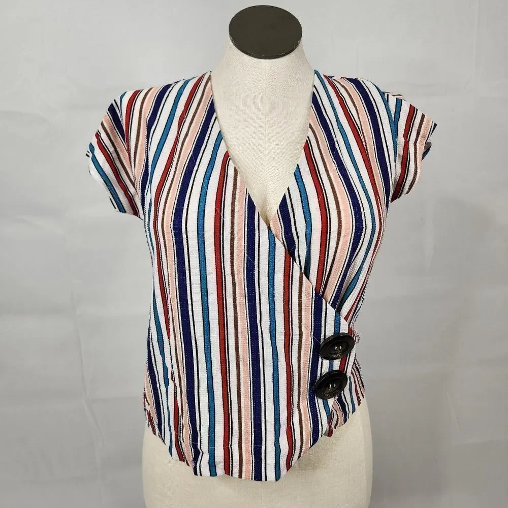Uncommon Job Striped Wrap Buttoned V-Neck Top Sz M