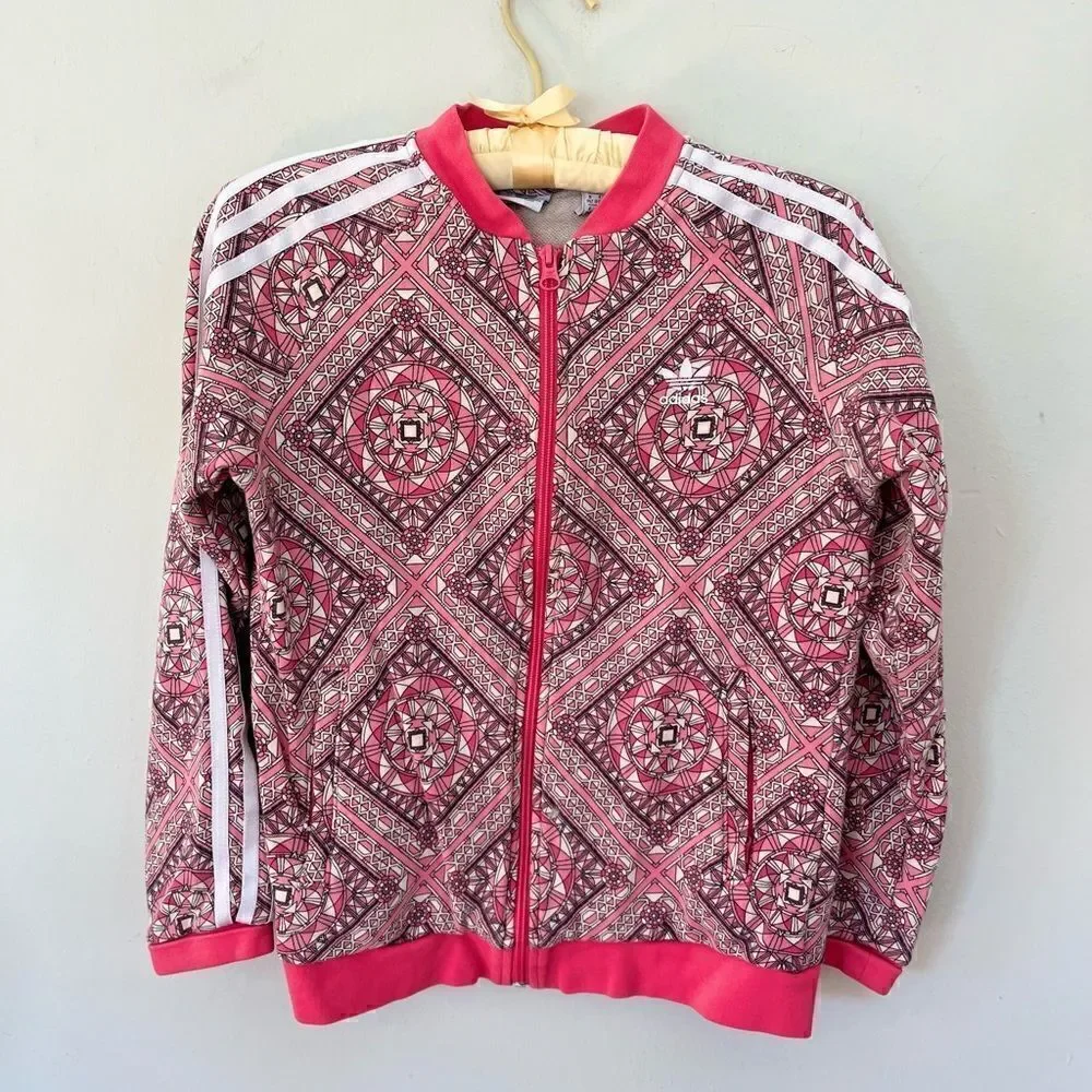 Adidas | pink busy patterned zip up jacket girls