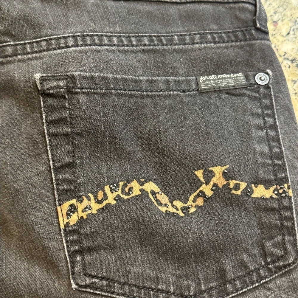 7 For All Mankind Gwenevere Black Skinny Jeans – Leopard Back Pocket – Size 28