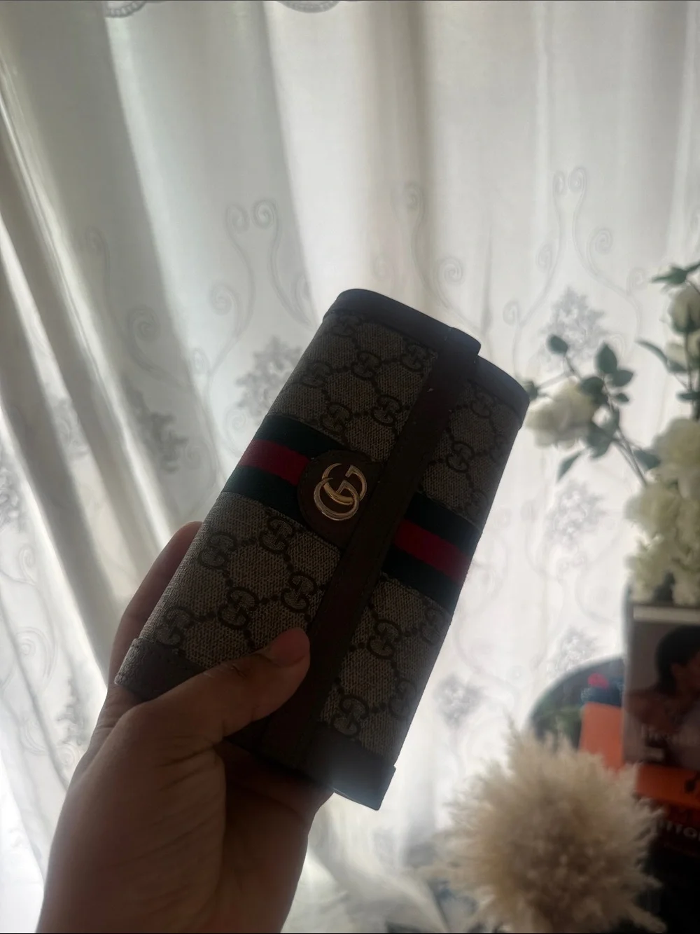 Gucci Brown GG Canvas Key Pouch with Red & Green Stripe