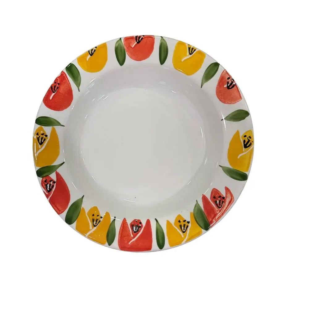 Pier One Tulips Floral Soup Bowl Rimmed Handpainted Yellow‎ Made In Italy 9