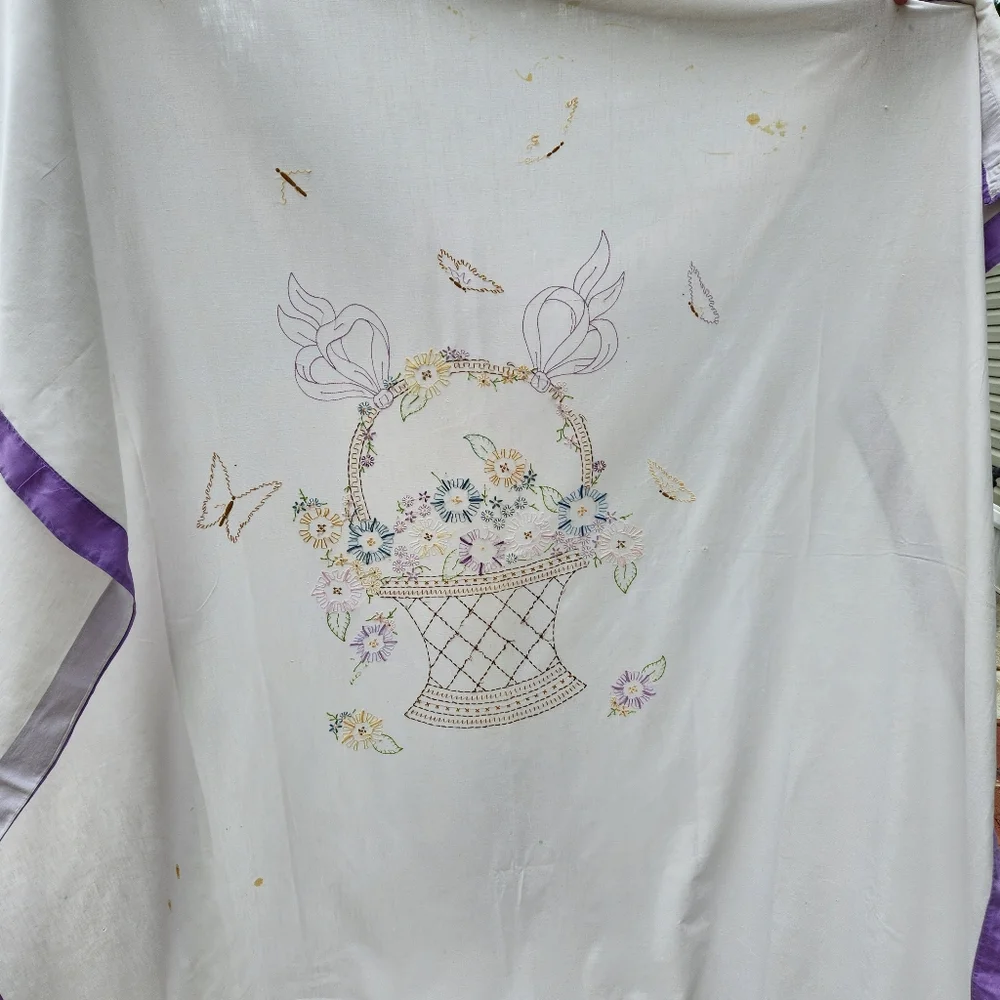 Antique White Comforter with Purple Trim and Multi-Color Floral Embroidery