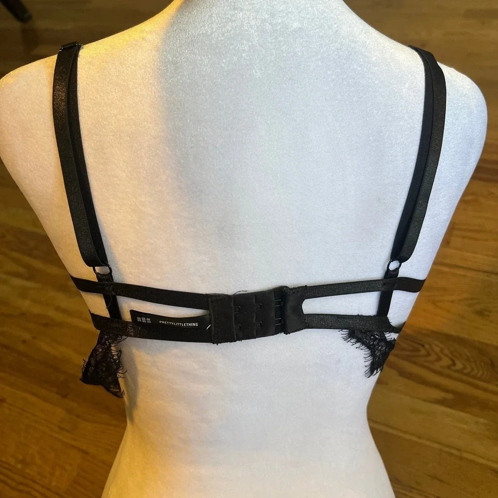 PrettyLittleThing Black Eyelash Lace Bralette Strappy Cut Out Lingerie Top XS