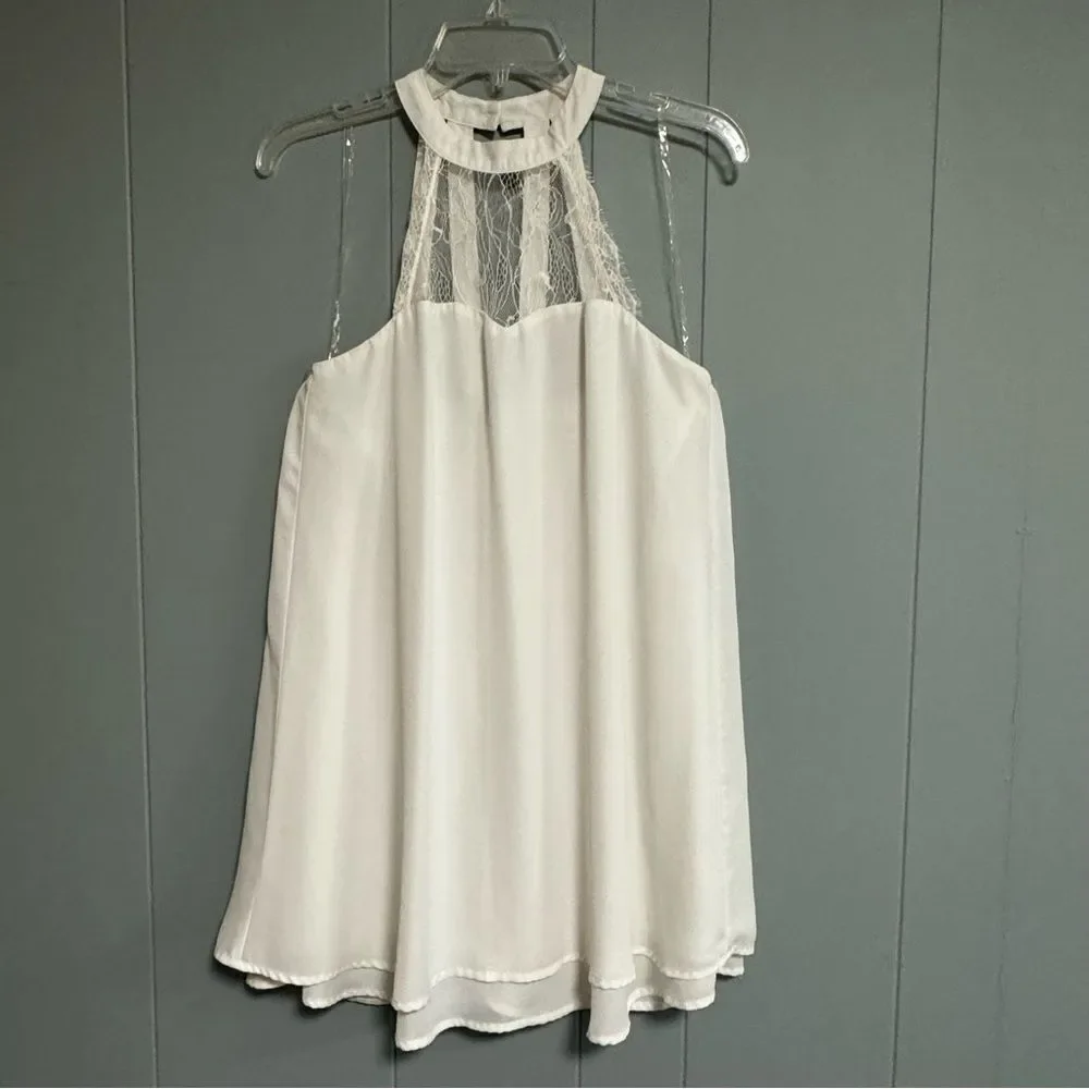 IMPRESSIONS White Layered Mini Dress with Lace and Straps Halter Neckline Size M
