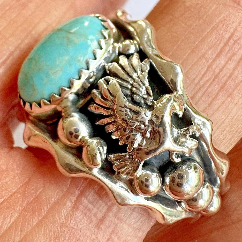 Navajo Eagle Mens Band Sz 13 Ring Turquoise Sterling Morgan Native American