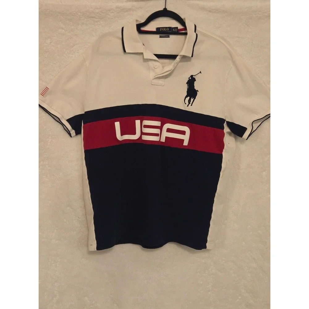 Polo Ralph Lauren Mens XL USA Big Pony Colorblock Slim Fit Polo Shirt White