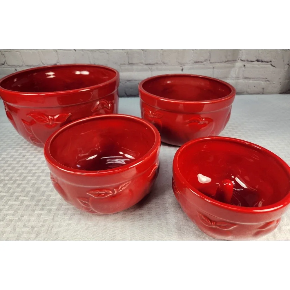 3 CRACKER BARREL Red Apple Nesting Bowls + Juicer Designed By Susan Winget