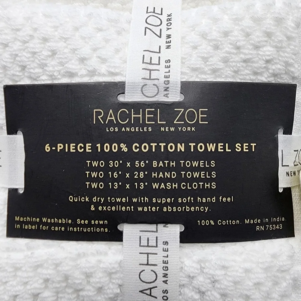 Rachel Zoe 6pc White Cotton Towel‎ Set 2 Bath 2 Hand 2 Washcloths