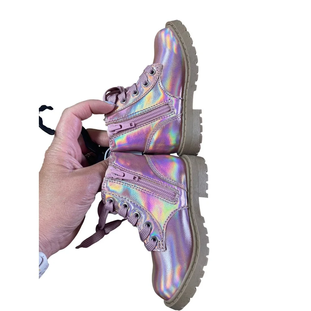 Old Navy Kids Pink Iridescent Holographic Lace Up Side Zip Combat Boots Size‎ 6