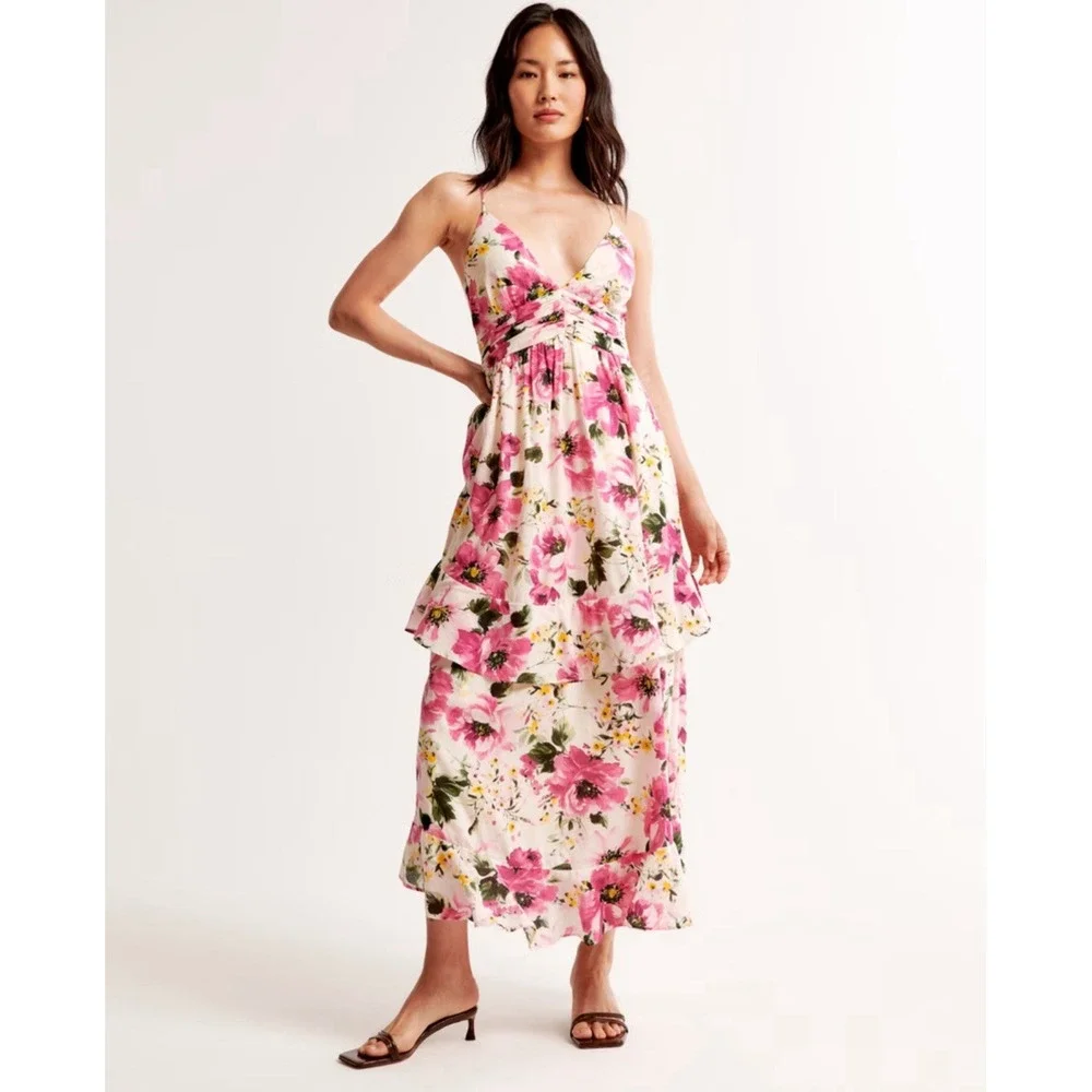 Abercrombie & Fitch Ruffle Tier Maxi Dress‎ Size Large Petite LP Floral $120