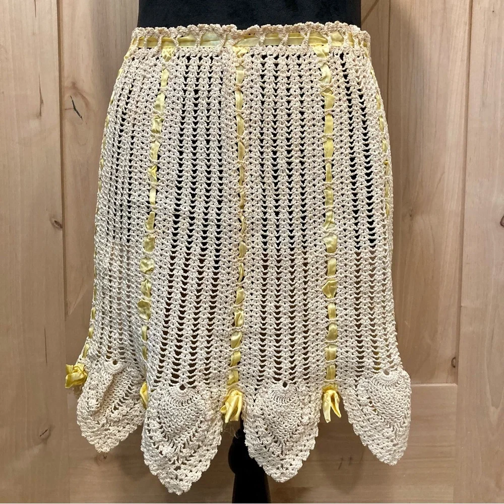 Vintage Hand Made Crocheted Half Apron Cream And Yellow