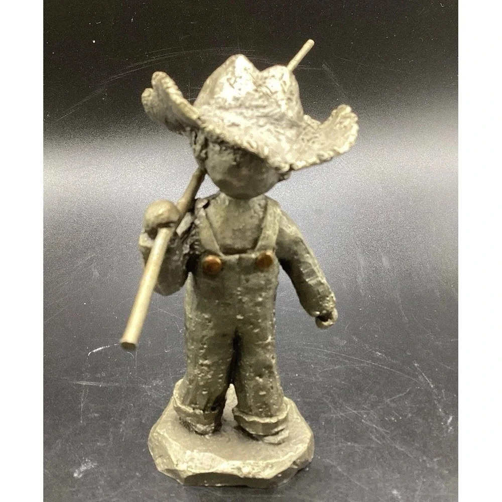 VTG Walli Ortman Hudson Pewter-Boy W/ Fishing Pole‎ Copper Buttons 4.25