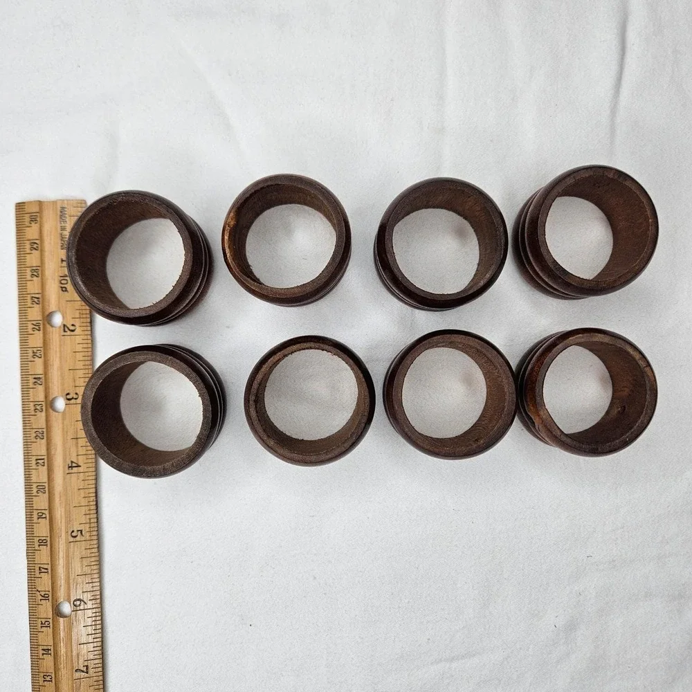 Vtg Knobler Wood Napkin Rings Set of 8 Ribbed Brown MCM Table Decor Taiwan Boho
