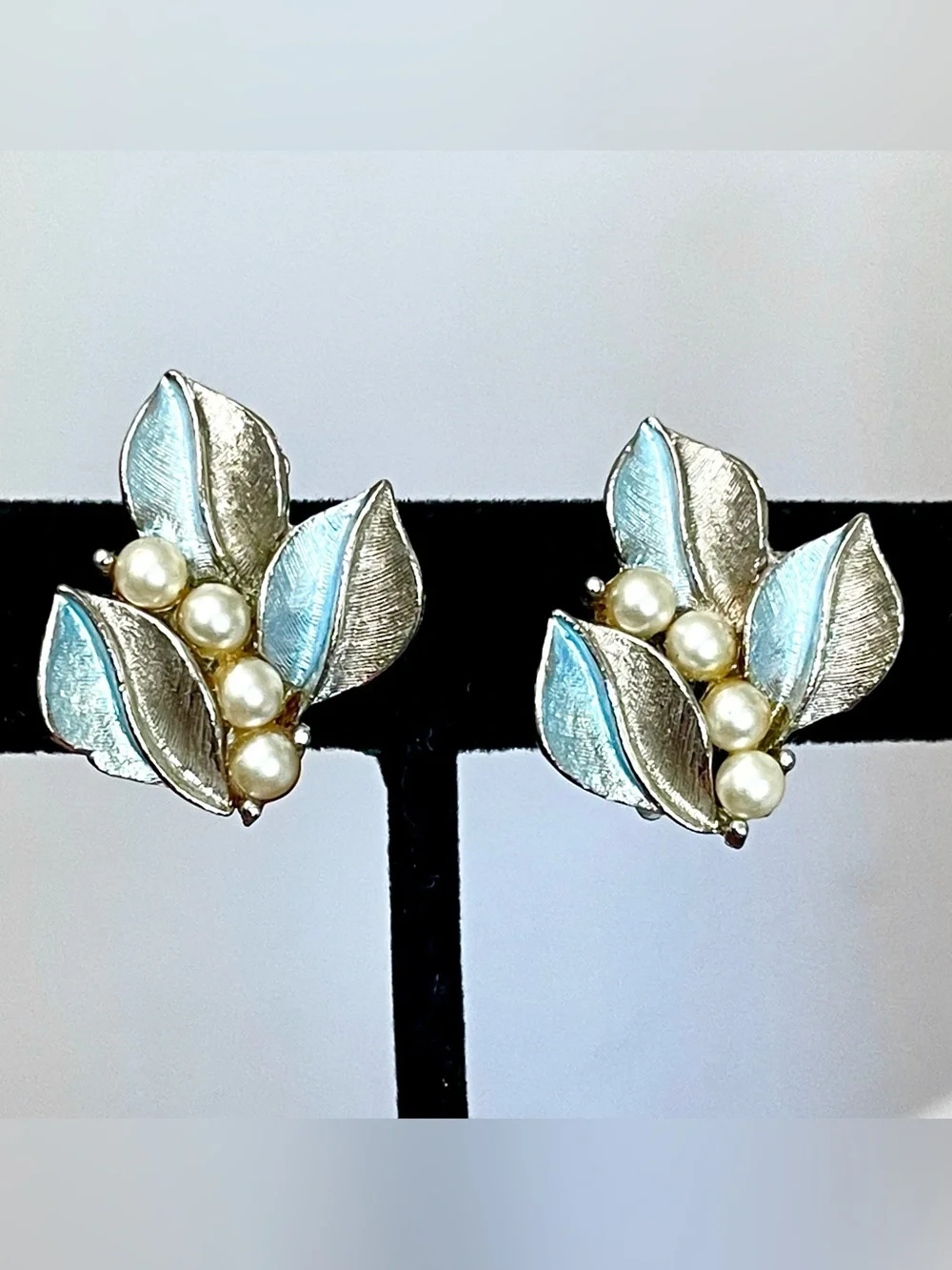 Vintage 1960s Blue Leaf Faux Pearl Cluster Clip Earrings Silver-Tone Floral MCM