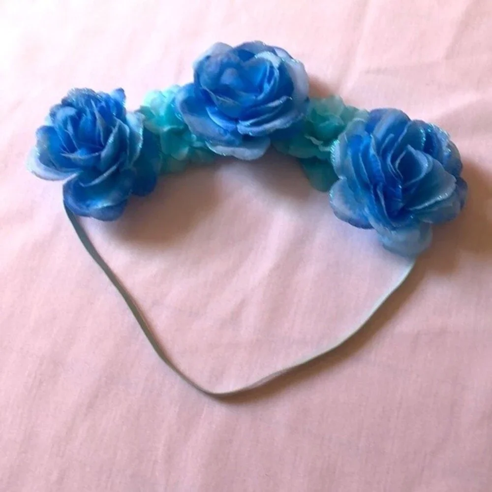 Blue Shimmery Flower Crown with Elastic Headband