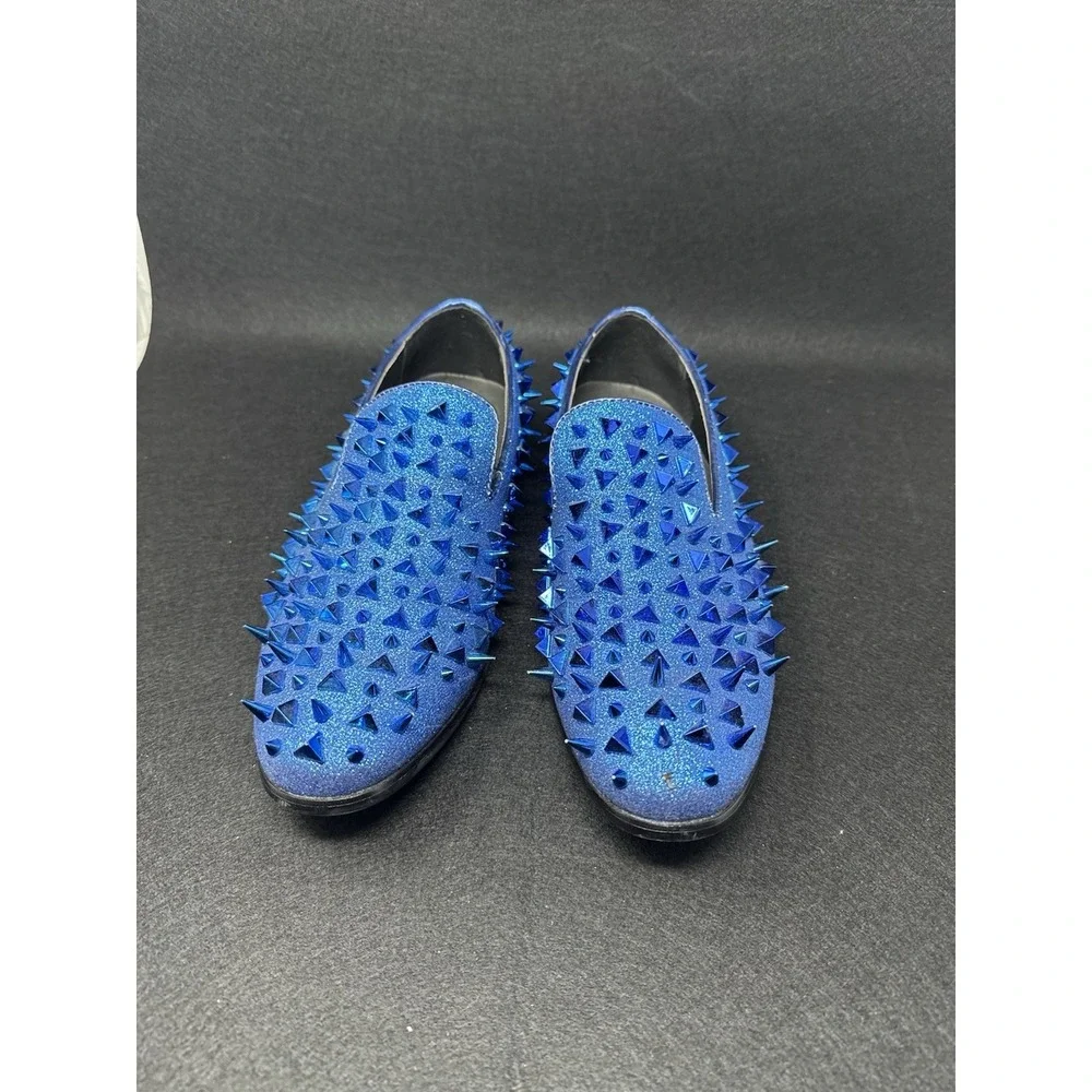 Bolano Mens Blue Spiked Loafers Glitter Studded Slip On Dress Shoes Size 10.5