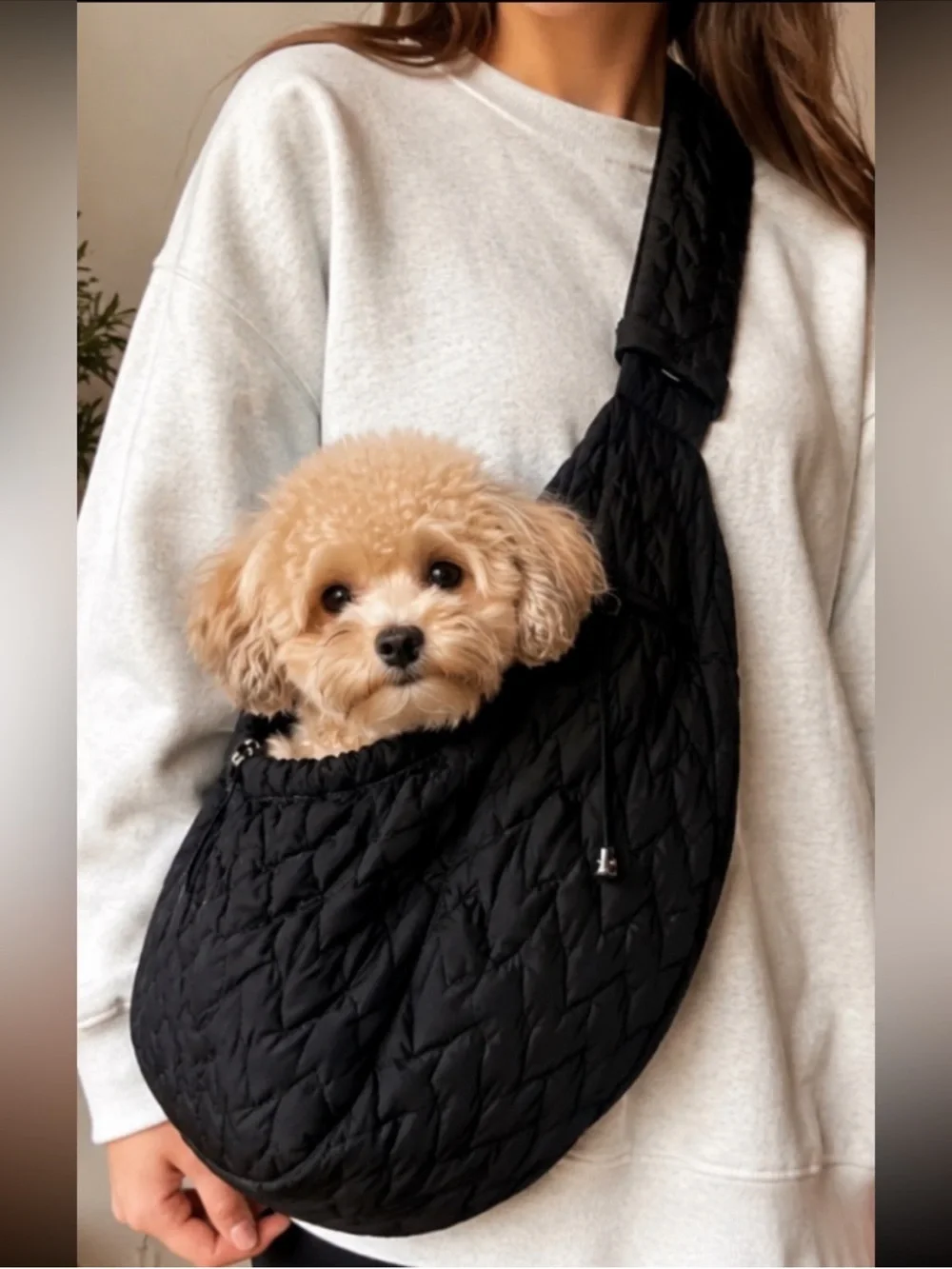 top paw quilted black pet sling carrier packable, adjustable