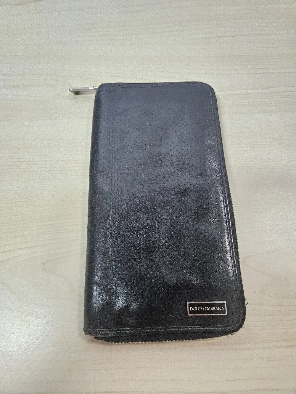 DOLCE & GABBANA Italian Leather Long Wallet Black Zippered Bifold