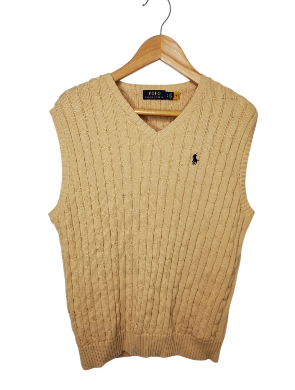 Ralph Lauren Polo Mens XL Tan Cable Knit Cotton V-Neck Sweater Vest Grandpacore