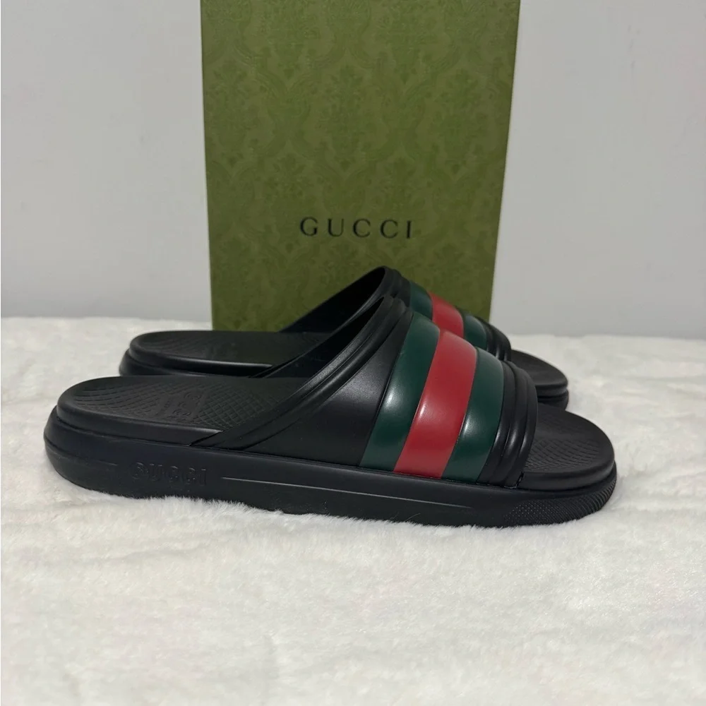 Gucci Black Slides with Red and Green Accents