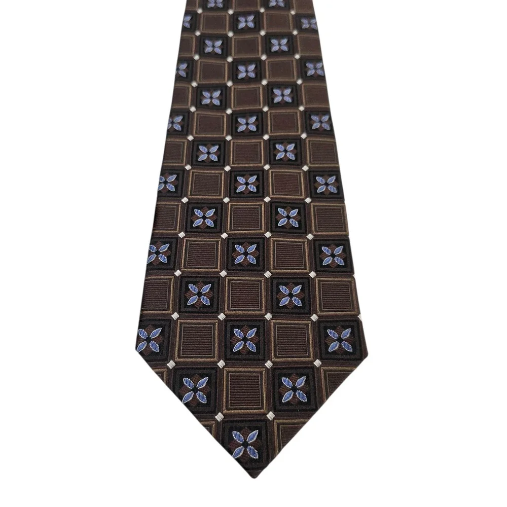 Jos A Bank Signature‎ Collection Mens Necktie 7-fold Brown Blue Silk Embroidered