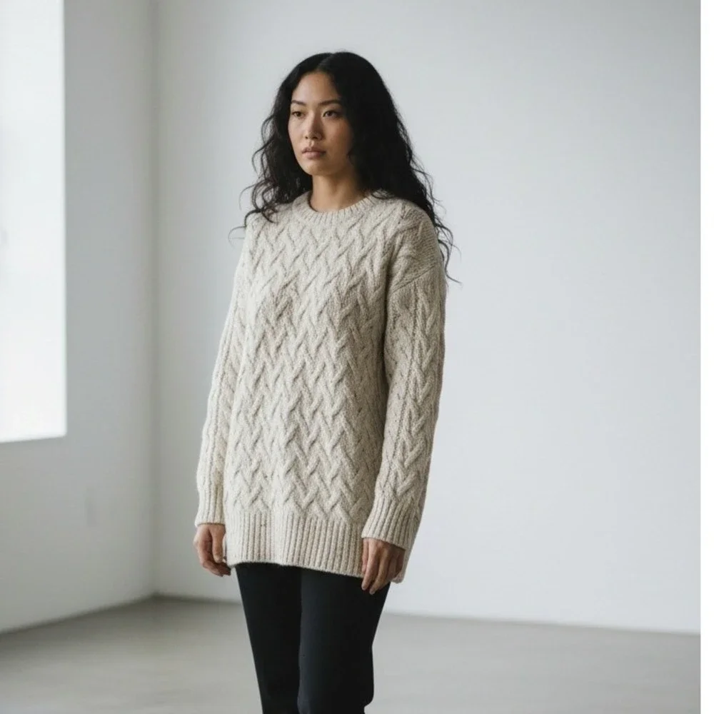 Fat Face Womens Cable Knit Sweater Cream Oatmeal‎ Marl Crew Neck Longline Size 8
