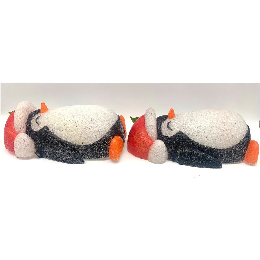 Vintage Melted Plastic Popcorn Penguin Christmas Decor Pair Matching 12in Retro